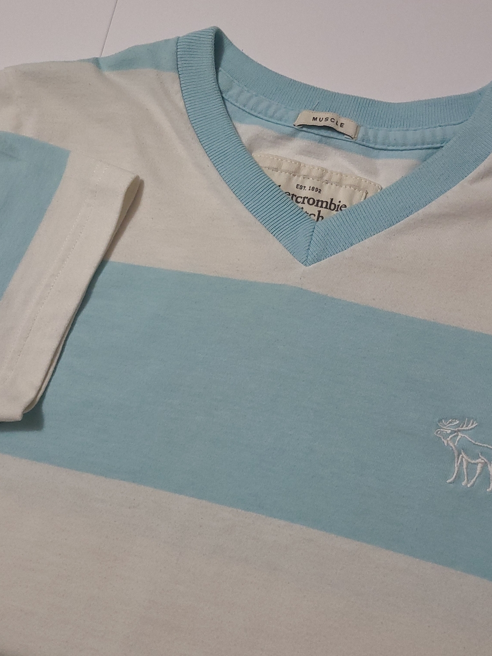 Abercrombie & Fitch T-Shirt Mens‎ XXL Muscle V Neck Blue Striped Y2k Casual Top